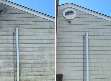 Before and after soft washing dirty vinyl siding.