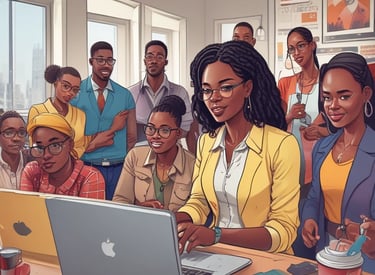 A group of five individuals are in a conference room engaging in a meeting. Four people are seated at a table with laptops and notebooks in front of them, while one person is standing and pointing at a projection on the wall displaying various company logos.