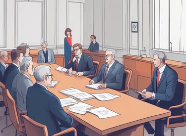 A professional attorney reviewing legal documents in a modern office setting.