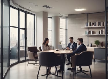 A professional consultant discussing options with a client in a modern office.