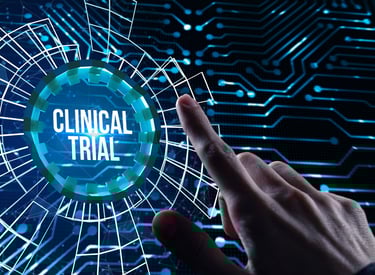a person pointing at a circular shaped sign which says clinical trial
