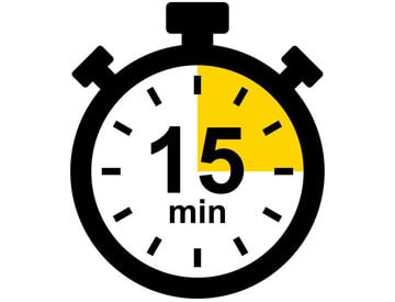 Black and yellow stopwatch icon showing a 15 minute timer countdown for quick tasks.