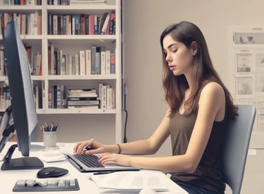 A professional woman studying English on a laptop at home.
