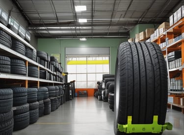A garage filled with tires and automotive equipment. Tires are stacked on shelves and some are mounted on the walls alongside wheel rims. A person is seated in the corner on the left, looking at a mobile phone. An orange traffic cone is on the floor, and there is a machine used for tire services.