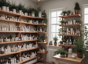 A close-up of natural hair care products displayed on a wooden table.