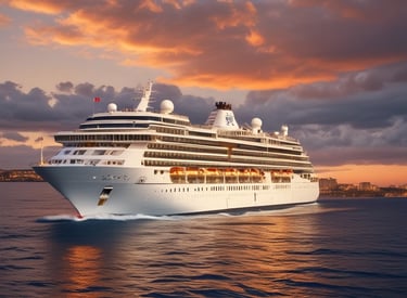A luxury cruise ship deck featuring a pool surrounded by lounge chairs and warm ambient lighting. A large screen overlooks the area, showing an image against a dark night sky.