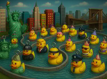 a bunch of rubber ducks in a city park