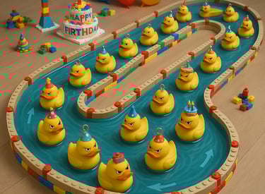 a birthday cake with rubber ducklings in a toy - like shape