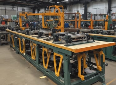 A modern industrial setting featuring an automated assembly line machine enclosed in glass. The room is well-lit with a sleek design, including wooden accents and clean surfaces. There is a focus on the machinery, with components visible inside the enclosure.