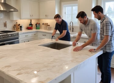 A modern kitchen with beige cabinets, a white marble countertop, and brass fixtures. There are two wooden stools at the counter, a bowl of apples, and various green vegetables and herbs placed near the sink. Two large glass pendant lights hang from the ceiling.