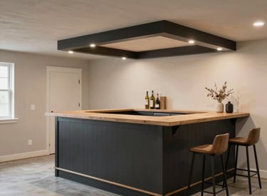 A skilled contractor carefully measuring wood for a custom deck under a bright blue sky.