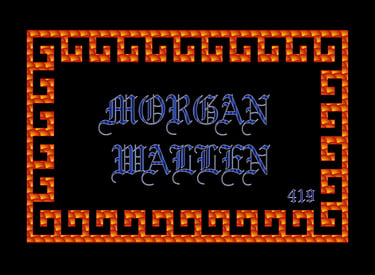 Morgan Wallen name in Old English font inside a red and orange Greek key border.