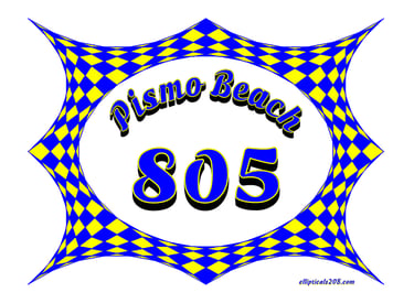 Pismo Beach 805 logo with blue and yellow checkered pattern border on a white background.