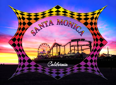 Santa Monica Pier Ferris wheel and roller coaster at sunset in California within a checkered frame.