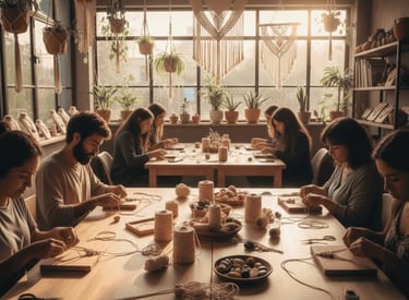 Personas en un taller de macramé haciendo joyeria con piedras naturales