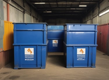 Realistic image of a large dumpster and truck at a commercial construction site under clear skies.