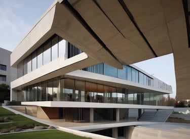 a concrete building with a wooden door and balcony