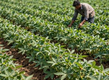 Farmers inspecting a field of lush mustard plants ready for harvest.