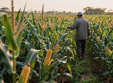 Rows of vibrant maize plants growing tall in a sunny field.