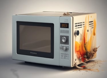 Microwave oven with its door open, technician inspecting inside.