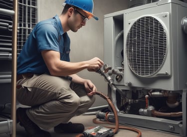 Technician repairing an air conditioner unit in a bright living room.