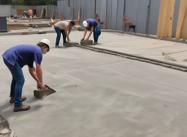 A warm scene of a multi-generational family team confidently reviewing concrete project plans at a sunny job site.