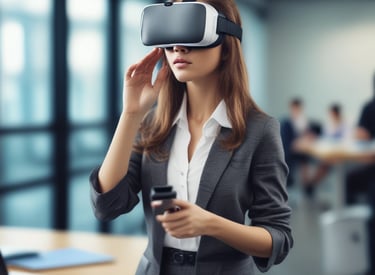 A business professional showcasing a 3D urban project in virtual reality to clients.