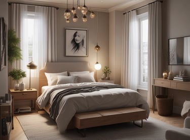 A tranquil bedroom with minimalist furniture and calming neutral colors.