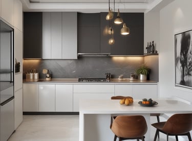 A sleek, modern kitchen featuring clean lines and subtle color accents.