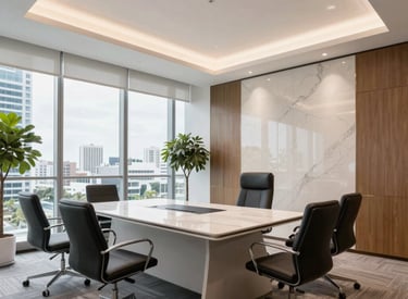 Cleaning crew wiping down office desks and glass partitions in a modern workspace.