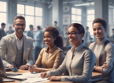 A group of government leaders collaborating over futuristic service design plans.