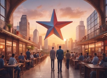 a man standing in a restaurant with a giant star in the middle of the picture