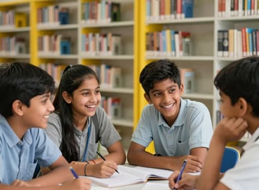 A group of young South Asian middle-school students laughing and studying together in a brightly lit school library with yellow and white shelves.