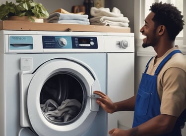 Professional fixing a washing machine inside a residential laundry room.