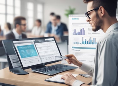 A business owner reviewing sales data on a tablet in a cozy office.