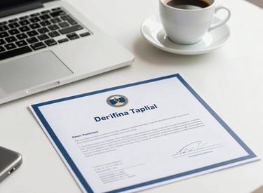 Photography of a professional certification document lying on a clean white desk next to a laptop and a cup of coffee, Latin American office setting, bright and inspiring natural light.