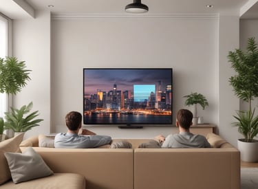 A group of friends happily watching TV together in a cozy living room.