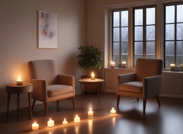 A calm therapy room with comfortable chairs and soft natural light.