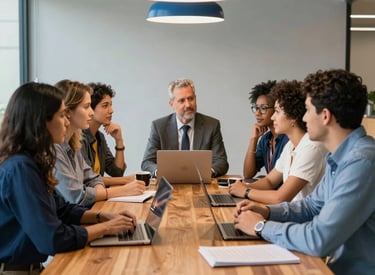 Photography of a diverse group of South American professionals in a collaborative meeting around a wooden table in a modern Brazilian workspace, vibrant atmosphere, steel blue and light grey accents.