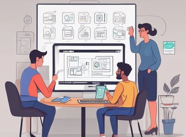 A team of professionals collaborating on website design and technical market strategies in a modern office.