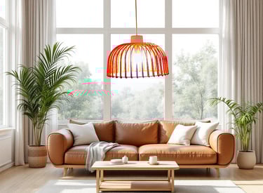 Modern living room featuring a brown leather, capsule glow light sofa and a red cage pendant light.