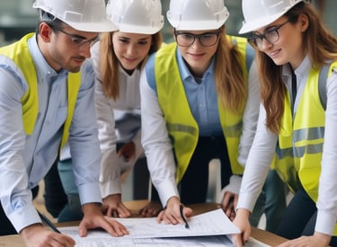 A focused engineer reviewing mechanical blueprints in a workshop.