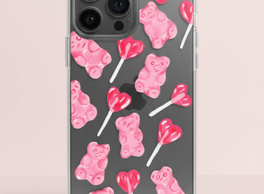 Funda pintada para con diseño de patrón de osito de goma rosa y paletas en forma de corazón