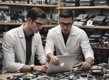 Technician carefully repairing a MacBook motherboard at Jas Service workshop