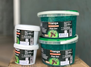 Nzanga Pine Gel multi-purpose cleaner in plastic tubs of various sizes with product labels.