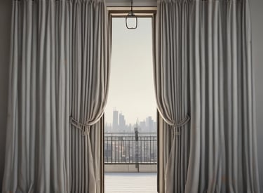 Ornate curtain rod with decorative finials holding rich fabric curtains.