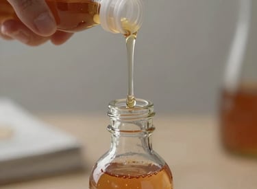 Jar of rich amber honey with honeycomb pieces and a wooden dipper on a rustic table.
