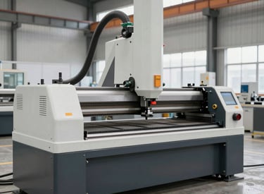 Technician inspecting a high-tech laser cutting machine in a modern factory setting.