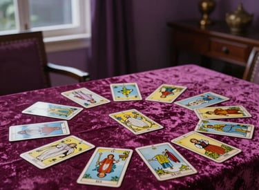 Photography of a professional tarot spread on a magenta velvet cloth in a South American / Brazilian apartment. The setting is elegant and quiet, with soft moonlight filtering through the window, creating a mistic and welcoming atmosphere in shades of lavender and dark purple.