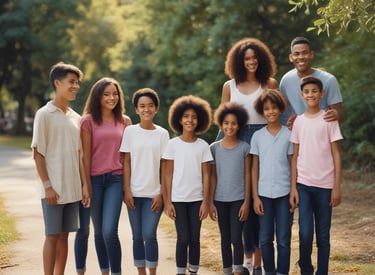 A group of parenting youth gathered outdoors, sharing a moment of joy and connection.